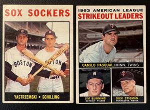 lot 18 image: 1964 Topps 2 Card Star Lot - #6 AL Strikeout Leaders, #182 Sox Sockers Carl Yastrzemski Vintage Baseball Cards