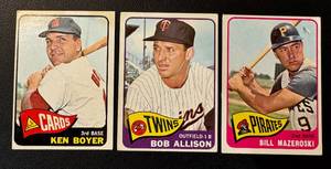 lot 19 image: 1965 Topps 3 Card Star Lot - #95 Bill Mazeroski, #180 Bob Allison, #100 Ken Boyer - Vintage Baseball Cards