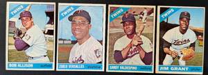 lot 22 image: Minnesota Twins 1966 Topps 4 Star Card Lot - #345 Bob Allison, #400 Zoilo Versalles, #40 Jim Grant, #56 Sandy Valdespino Vintage Baseball Cards