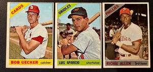 lot 23 image: 1966 Topps 3 Card Star Lot - #80 Rickie Allen, #90 Luis Aparicio, #91 Bob Uecker Vintage Baseball Cards