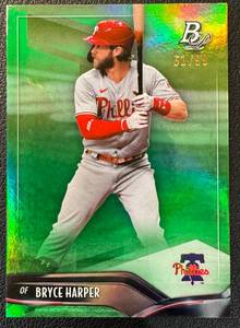 lot 28 image: Bryce Harper 99 Green Foil SP - 2021 Bowman Platinum #85, numbered 6199, Rare Baseball Card