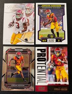 lot 33 image: Jordan Addison 4 RC Lot - 2023 Prizm Draft Picks #136, Score Protential #9, Prestige #352, Score #346 Rookie Minnesota Vikings Football Cards