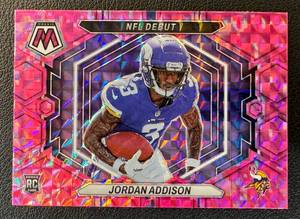 lot 34 image: Jordan Addison RC Pink Prizm 2023 Mosaic NFL Debut #ND-14 Rookie Minnesota Vikings Football Card