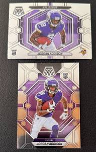 lot 35 image: Jordan Addison 2 RC Lot - 2023 Mosaic Prizm #337 and NFL Debut #ND-14 Rookie Minnesota Vikings Football Cards