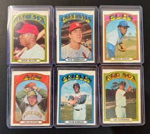 lot 47 image: 1972 Topps 6 Card HOFStar Vintage Baseball Lot - Carl Yastrzemski #37, Frank Robinson #100, Jim Hunter #330, Fergie Jenkins #410, Rich Allen # 240, Ted Simmons # 154 Vintage Baseball Cards