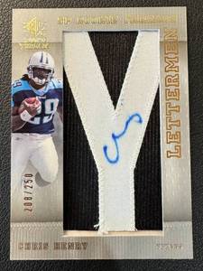 lot 52B image: Chris Henry RC RPA 250 - SP 2007 Rookie Threads #126, numbered 208250 Lettermen Patch Auto, RARE Football Card