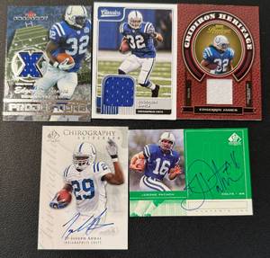 lot 58B image: Indianapolis Colts 5 Card Auto  Relic Lot - Edgerrin James (3) Relic Cards including 250, Joseph Addai Auto, Jerome Pathon Auto Football Cards