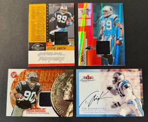 lot 61B image: Carolina Panthers 4 Card Relic  Auto Lot Julius Peppers Relic, (2) Steve Smith 250 Relics, Tim Biakabutuka Auto Football Cards