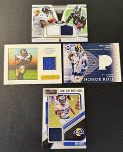 lot 64B image: St. Louis Rams 4 Card Relic Lot - Isaac Bruce 199m Orlando Pace, Tavon AustinJustin Blackmon 330, and Cam Akers Football Cards