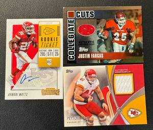 lot 67B image: Kansas City Chiefs 2 Relic  Auto Lot - Peyton Hillis, Justin Fargas and Armani Watts Auto Football Cards