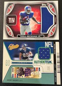 lot 68B image: New York Giants 2 Relic Lot - ODell Beckham JR Jumbo Relic and Jeremy Shockey 350 Football Cards