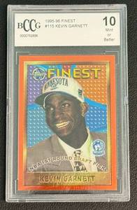 lot 8A image: Kevin Garnett RC BCCG Graded 10 Gem Mint 1995-96 Topps Finest #115 Rookie Minnesota Timberwolves Basketball Card