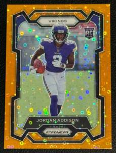 lot 35A image: Jordan Addison RC Orange Laser 2023 Prizm #368 Rookie Minnesota Vikings Football Card