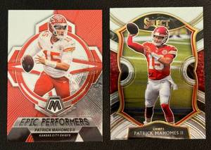 lot 38A image: Patrick Mahomes 2 Card Lot 2023 Mosaic Epic Performers and 2020 Select Football Cards