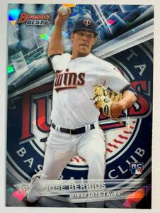 lot 41A image: Jose Berrios RC Cracked Ice Refractor 2016 Bowmans Best #36 Rookie Minnesota Twins Baseball Card