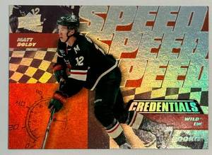 lot 47A image: Matt Boldy RC Foil 2022-23 Upper Deck Credentials #SGR-1 Rookie Minnesota Wild Hockey Card