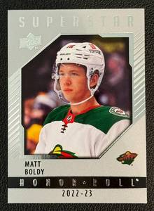 lot 68A image: Matt Boldy RC 2022-23 Upper Deck Superstar Honor Roll #HR-26 Minnesota Wild Hockey Card