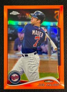 lot 76A image: Joe Mauer Orange Reftactor 2014 Topps Chrome #144 Minnesota Twins Baseball Card