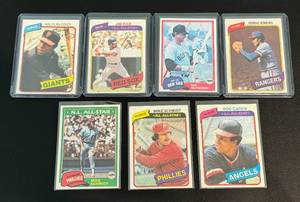 lot 109A image: 1980 and 1981 Topps Baseball 7 Card Star  HOT Lot - Mike Schmidt (2), Yaz, Rod Carew, McCovey, Rice, Jenkins - Vintage Baseball Cards