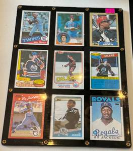 lot 10E image: 9 Iconic Card Plaque - (2) Bo Jackson RCs, Kirby Puckett RC, (3) Vintage Wayne Gretzkey 1980-81, and more Baseball, Football, Hockey Cards