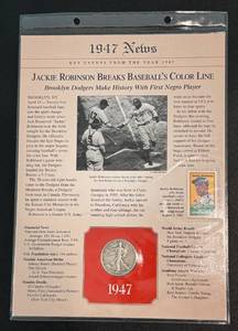 lot 13E image: Jackie Robinson 1947 News & Key Events Liberty Walking Silver Half Dollar and Stamp