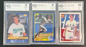 lot 31E image: 3 Graded Baseball Card Lot - Jaosn Giambi RC 10 Mint, Sammy Sosa RC 9 NM, Josh Beckett RC 8 - Rookie Baseball Cards