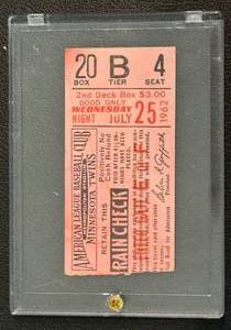 lot 19D image: Minnesota Twins 1962 Ticket Stub from 7251962 Metropolitian Stadium
