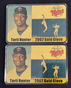 lot 58D image: Torii Hunter Promo Cards - 2002 Gold Glove Award Sponsored By Cedar Valley Exteriors and Minnesota Twins Baseball