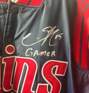 lot 3D image: Christian Guzman Heavily Game Used Warm Up Jacket - Autographed and Inscribed Gamer - Minnesota Twins Baseball