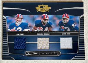 lot 36F image: Jim Kelly  Thurman Thomas  Andre Reed Tri-Relic 75 2006 Donruss Threads Dynasty #D-10, numbered 0375, Football Card