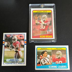lot 52F image: Jerry Rice 3 1980s Football Cards