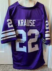 lot 5F image: Paul Krause Signed Minnesota Vikings Jersey w Beckett COA - Inscribed HOF 98 Size XL
