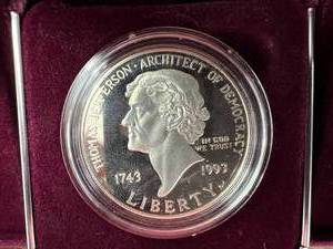 lot 27 image: Thomas Jefferson 250th Anniversary Silver Dollar