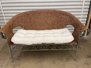 lot 55 image: Wicker and Metal Bench with Cushion