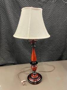 lot 90 image: Vintage Red Wood Table Lamp with White Shade
