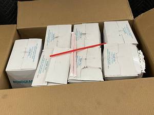 lot 155 image: Lot of 6 Boxes Monogram Plastic Red Jumbo Straws 500 Count Each
