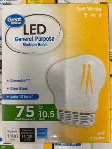 lot 322 image: Great Value LED General Purpose Medium Base, 75 Watt Equivalent, Soft White, 20 Bulbs