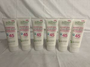 6 Bottles of Alba Botanica Sweat Pea 45 SPF Sunscreen