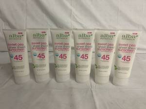 6 Bottles of Alba Botanica Sweat Pea 45 SPF Sunscreen