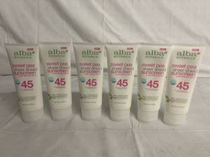 6 Bottles of Alba Botanica Sweat Pea 45 SPF Sunscreen