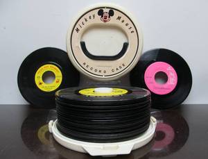 lot 36 image: Vintage 1960s era MICKEY MOUSE 45 Record Case FULL of Vintage Kids Records