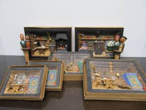 lot 77 image: Lot of 6 Vintage 1950s era German Folk Art 3D Carved Wood Scenes