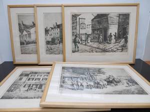lot 81 image: Set of 5 Old Vintage Framed Signed Early American Tavern Prints by E.T. Scowcraft