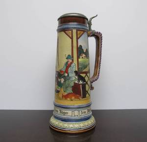 lot 85 image: Large Original Antique German Beer Stein - Successful Fox Hunting Scene - 2.5 Liters