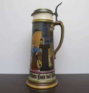 lot 88 image: Large Original Antique METTLACH German Beer Stein - Lute or Mandolin Player in Cellar - 2.7 Liters