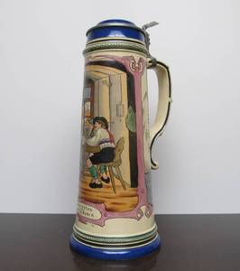 lot 96 image: LARGE Antique Musterschutz German Beer Stein Tavern Scene - 3L
