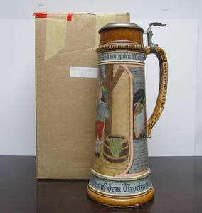 lot 99 image: LARGE Antique Musterschutz German Beer Stein - Tavern Scene wMusician - 3L