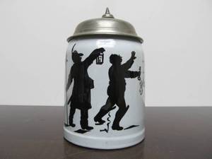 lot 101 image: Original Antique METTLACH German Beer Stein - Silhouettes wKey - Gaudemus Igitur - 12 Liter