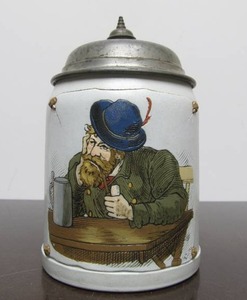 lot 102 image: Original Antique METTLACH German Beer Stein - Man wPipe - 12 Liter