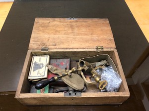lot 205 image: Antique Wood Box Full of Interesting Old Items